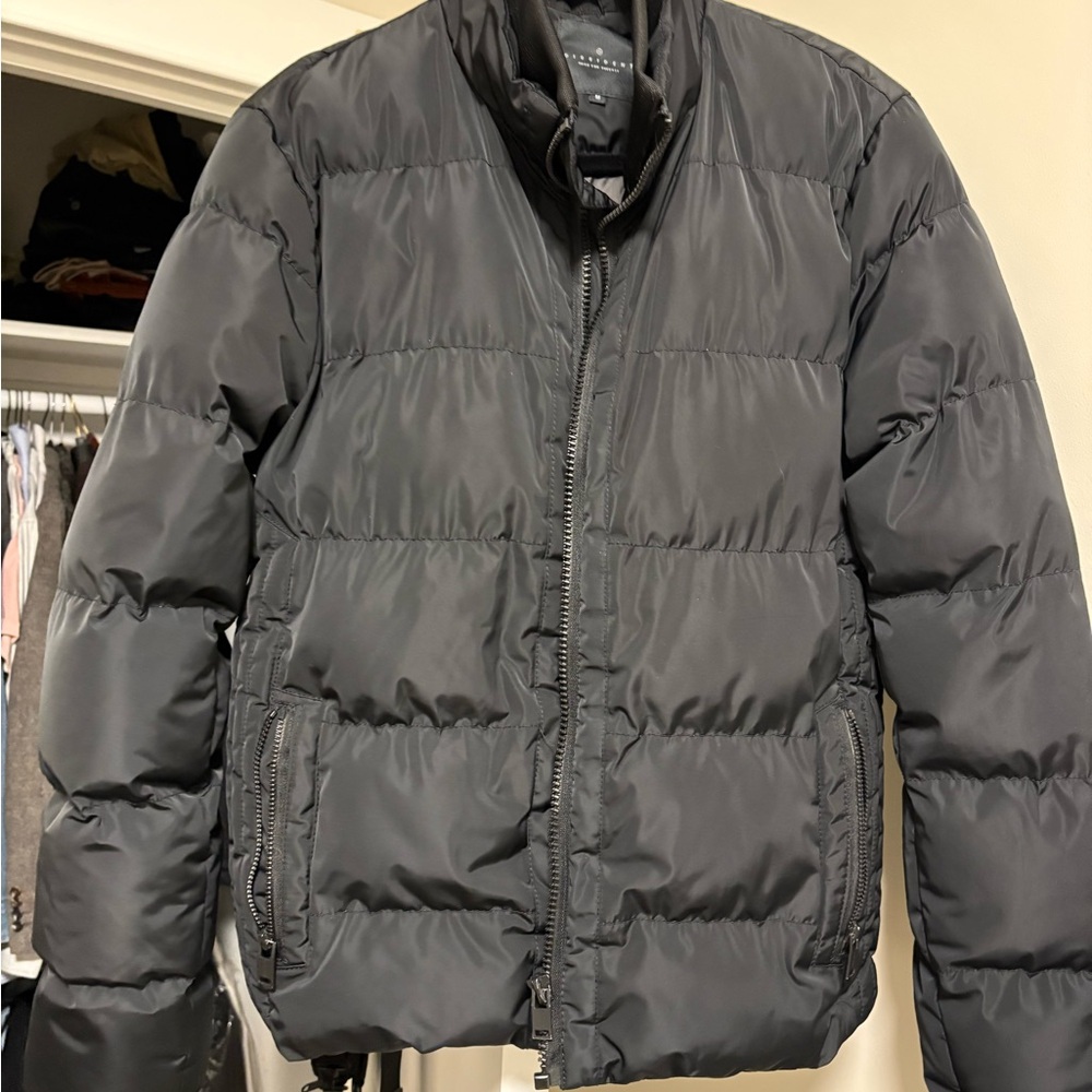 Black Quilted Puffer Jacket with Stand-Up Collar